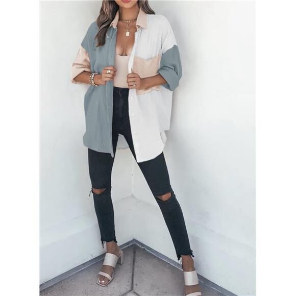 Women's Color Block Button Down Shirts Long Sleeve Polo Oversized‎ Blouses Tops - Picture 4 of 5